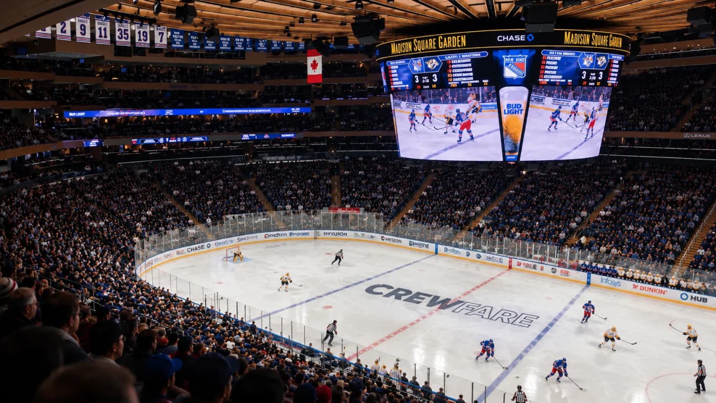 Fans filling an arena for a hockey game with Crewfare branding on the ice